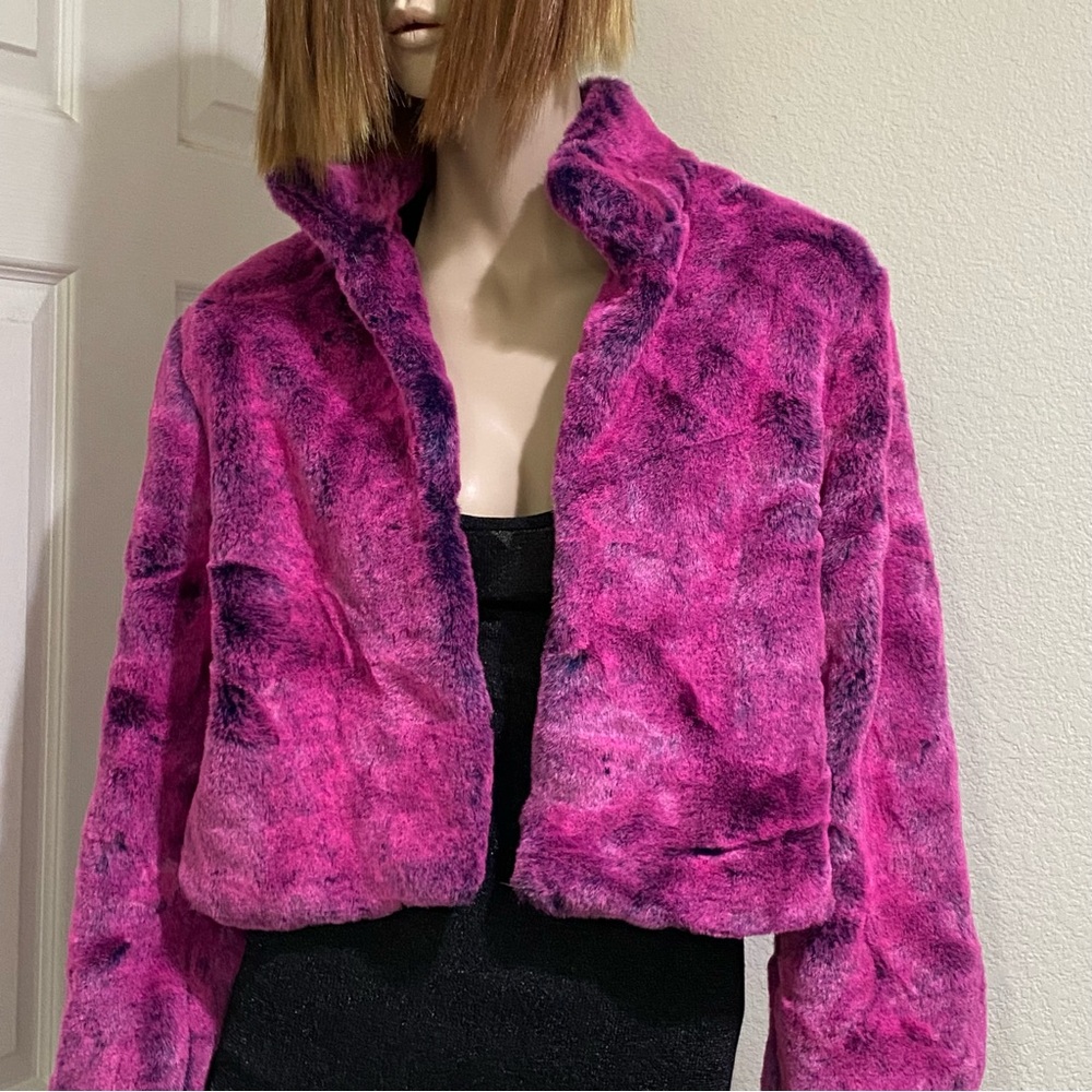 BEBE Dyed Blue Fuchsia Pink Faux Fur Trendy K-POP Women’s Coat Jacket Size S